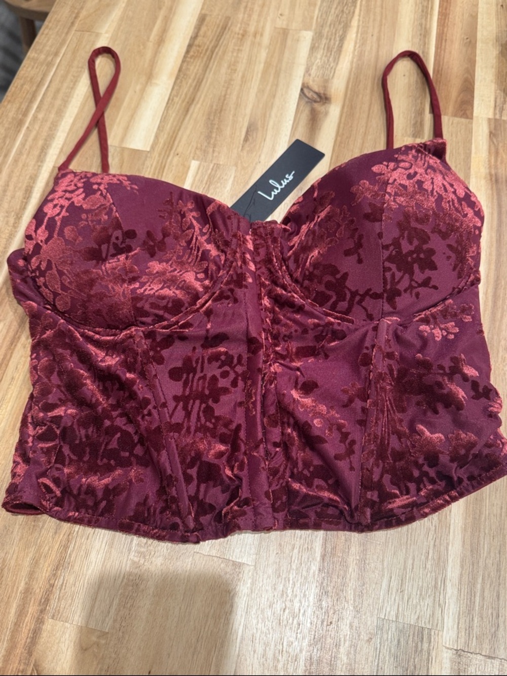 Lulu's Wine Red Floral Velvet Bustier with Spaghetti Straps